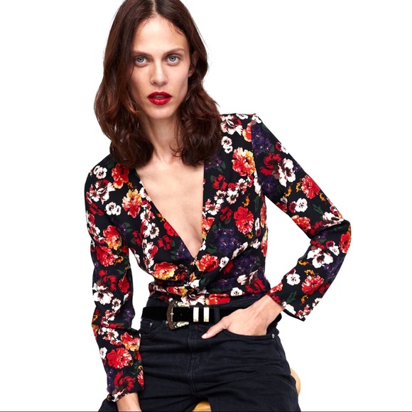 Zara Tops - Zara Long Sleeve V-Neck Floral Printed Bodysuit